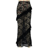 Lace Ruffled See-Through Maxi Skirt Women Slim Patchwork Party Holiday Women's Long Skirt Outfits Female Summer Maxi Skirt